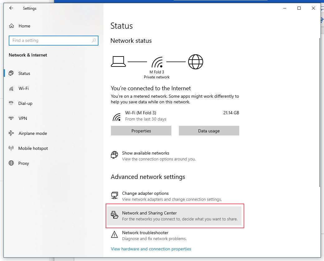 Windows 10 status mreže