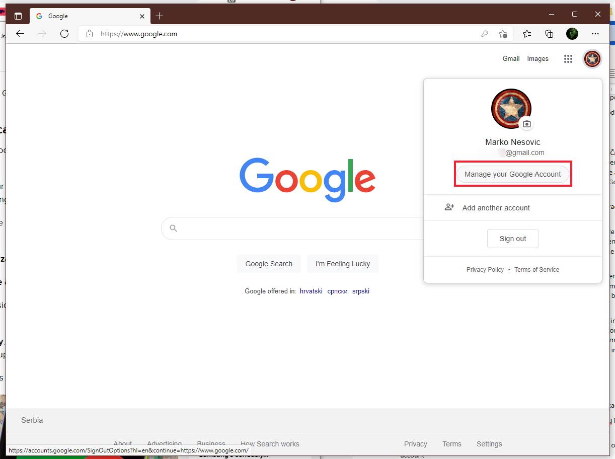 Odabir Manage your Google Account opcije