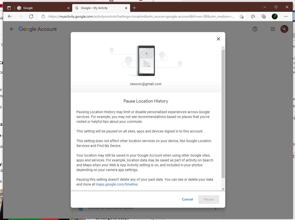 Prozor za pauziranje lokacije