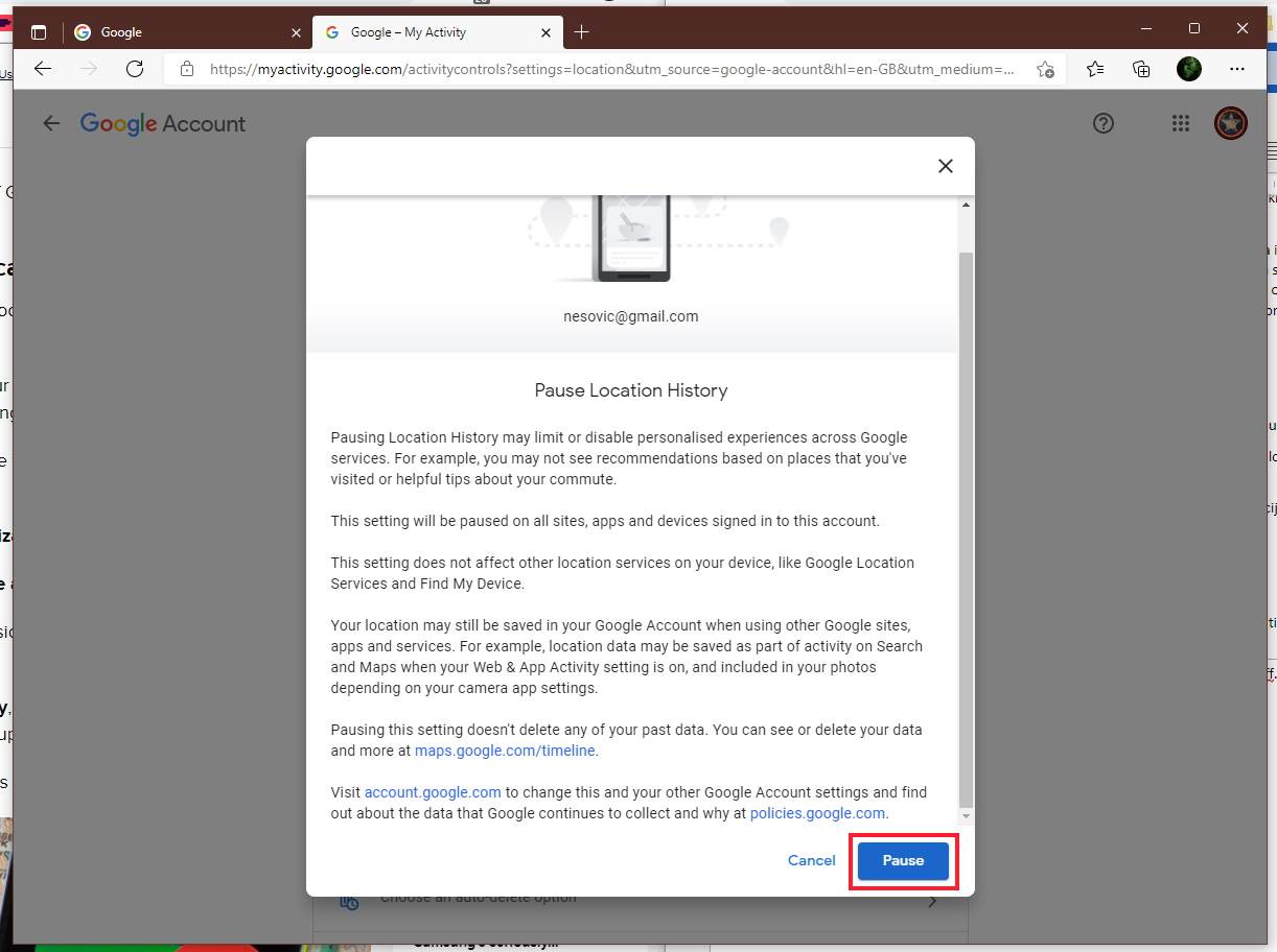 Dugme koje pauzira praćenje lokacije