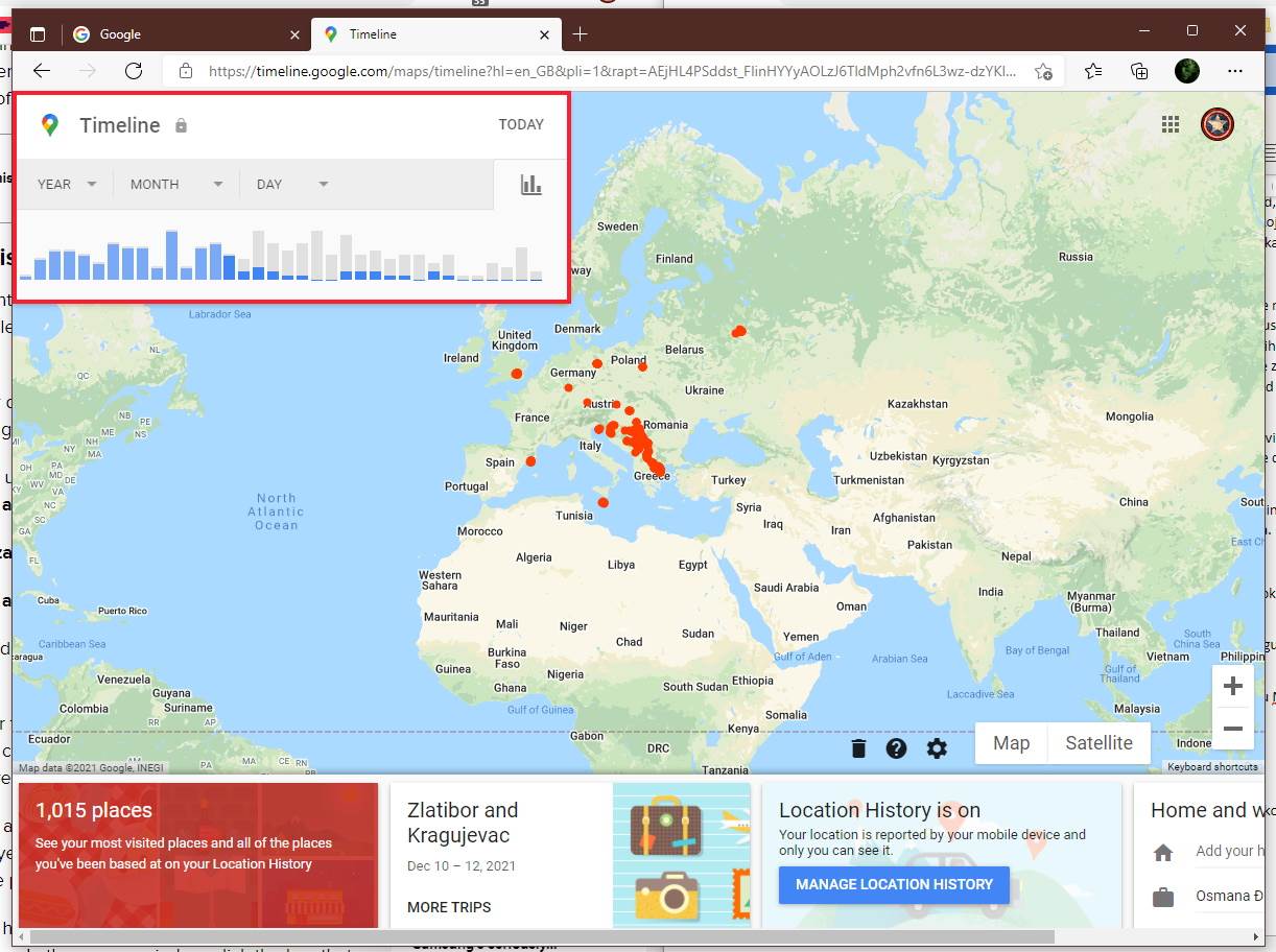 Mapa sa vremenskom linijom u gornjem levom uglu, koja pokazuje gde ste bili i u koje vreme.