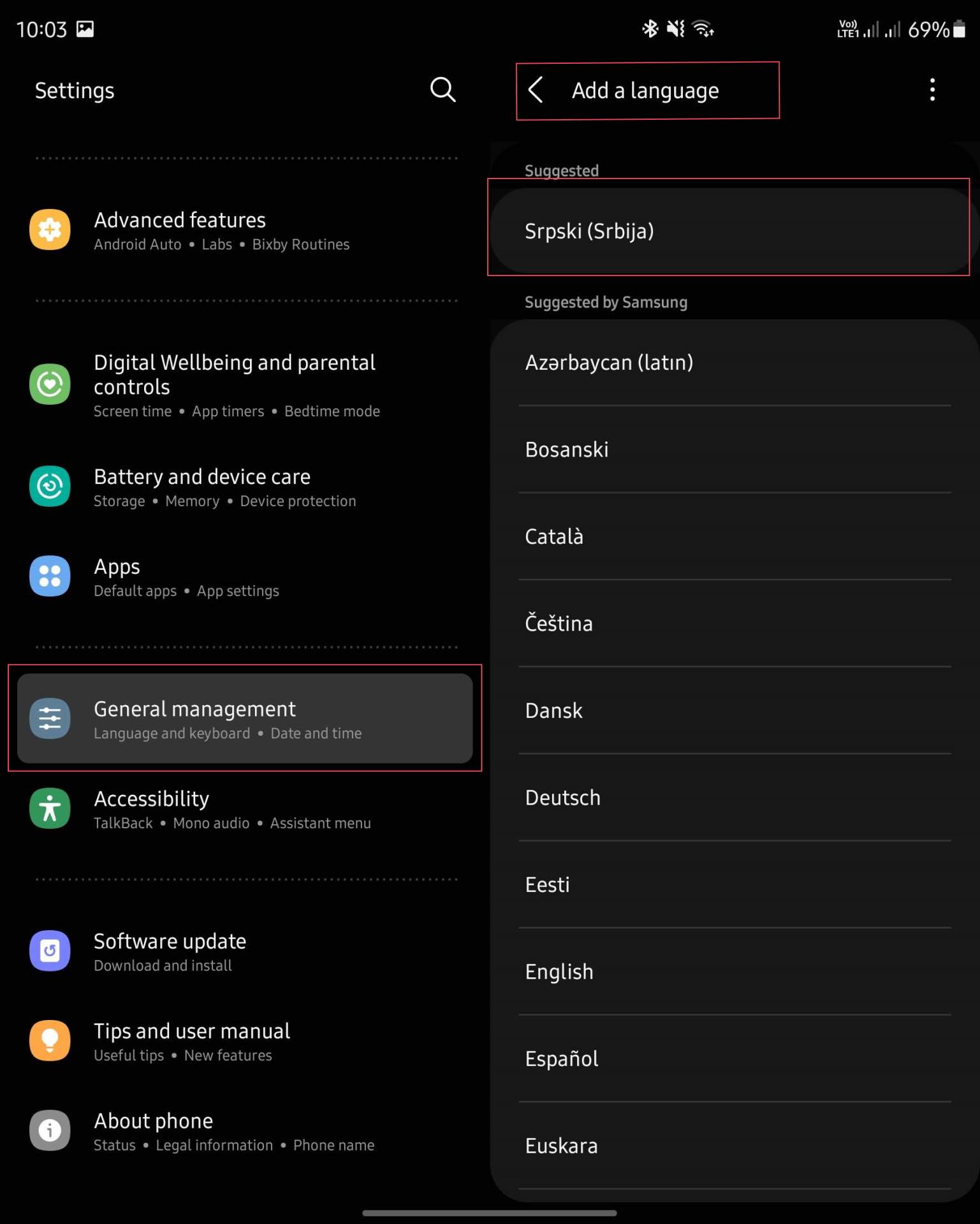 Podešavanja jezika na Samsung telefonima se nalaze pod General Management