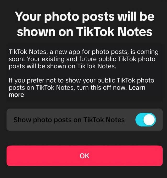 TikTok obaveštenje o lansiranje Notes aplikacije
