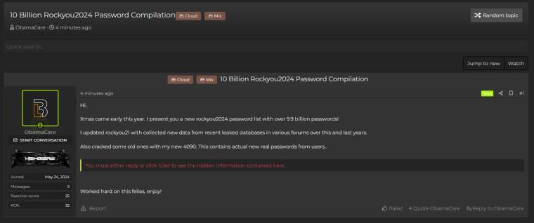 RockYou2024 objava na hakerskom forumu