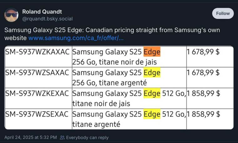 Galaxy S25 Edge cene na kanadskom Samsung sajtu