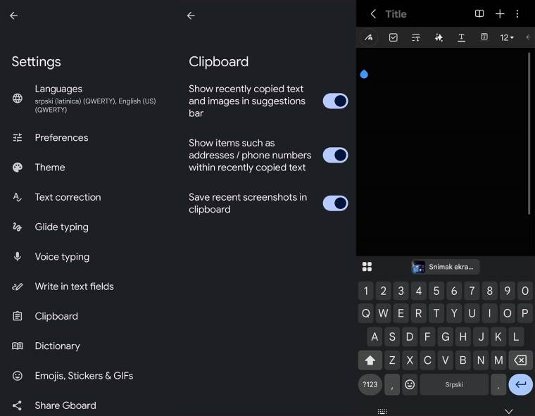 Gboard clipboard snimak ekrana