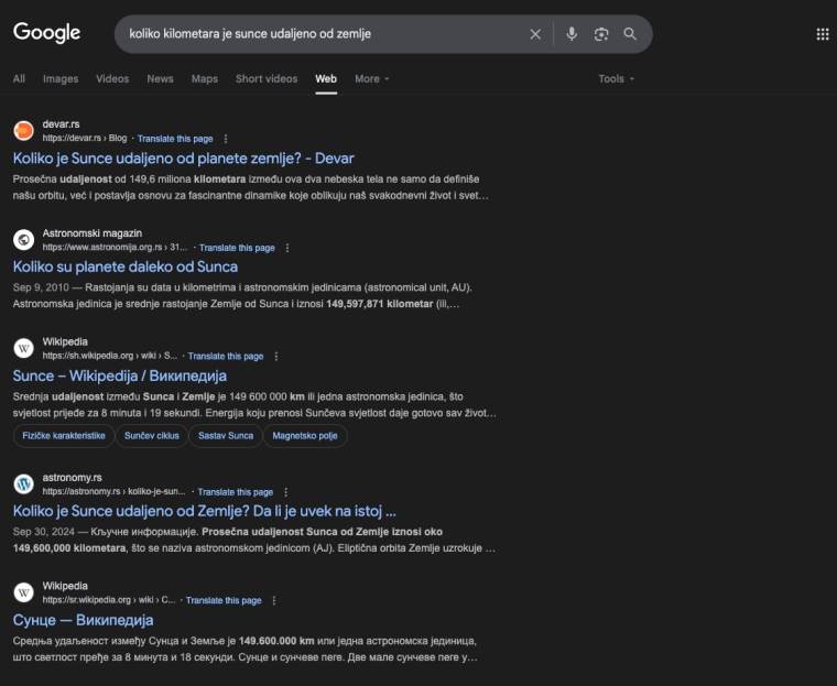 Google pretraga Web filter