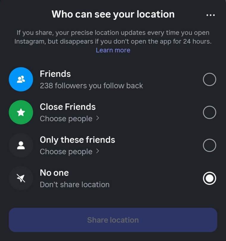 Instagram Map opcije deljenja lokacije