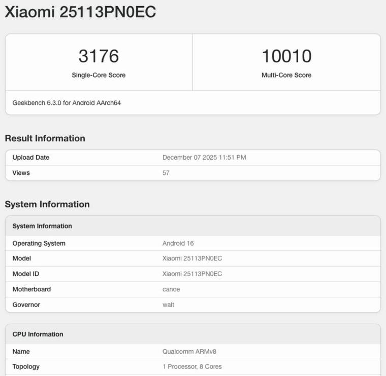Xiaomi 17 Geekbench