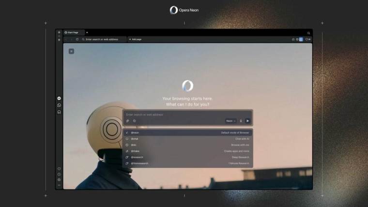 Interfejs Opera Neon AI internet pregledača