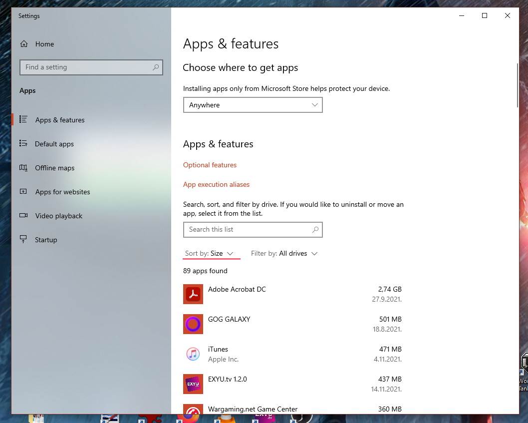 Brisanje aplikacija sortiranje po veličini
