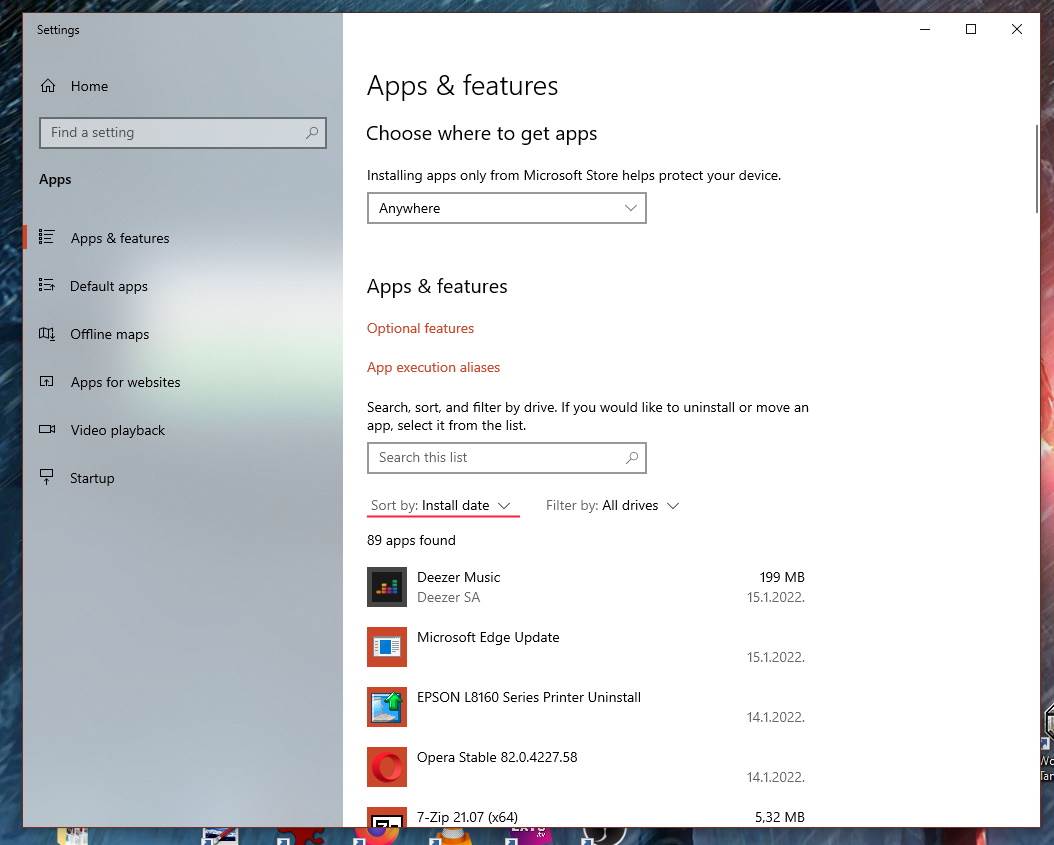 Brisanje aplikacija sortiranje po datumu instalacije