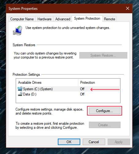 System restore properties