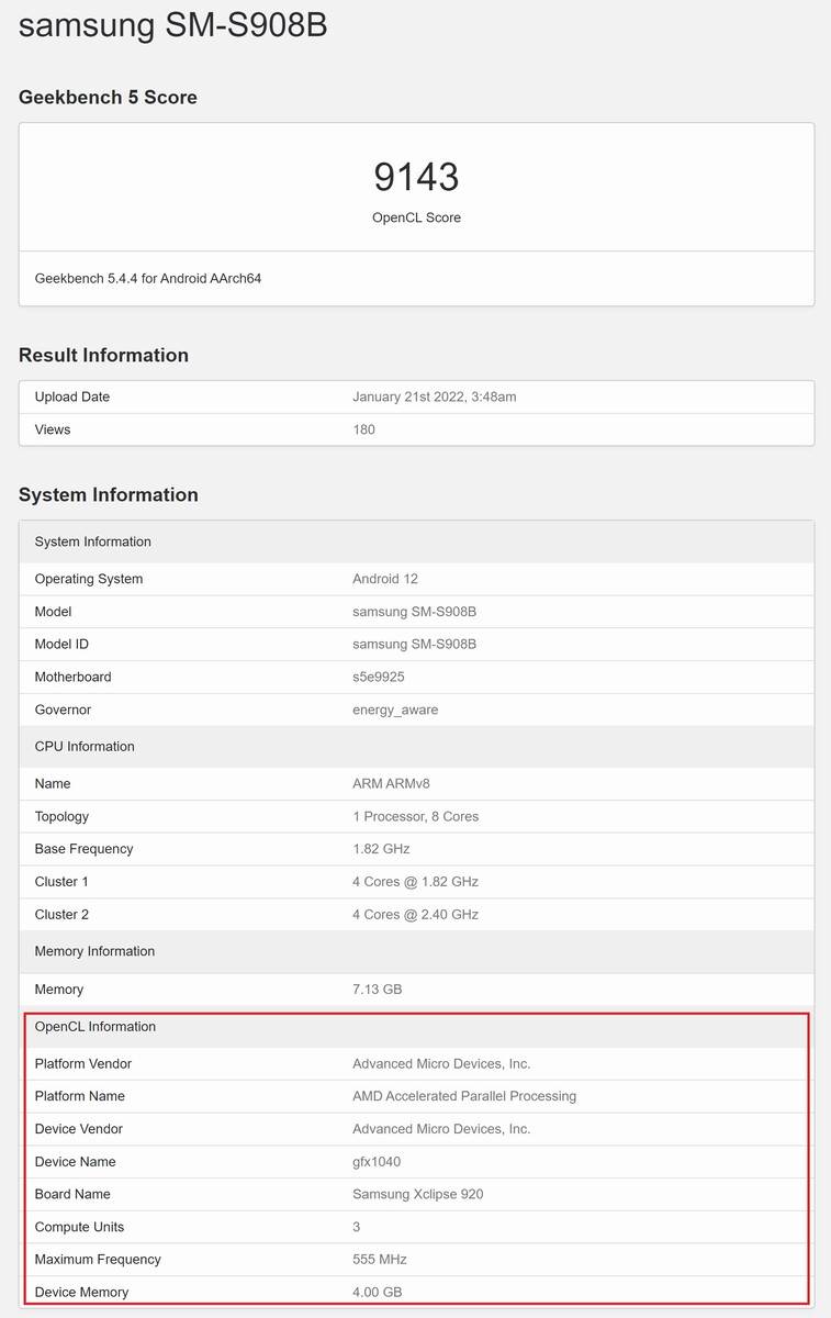 Exanos 2200 Xclipse 920 Geekbench rezultati