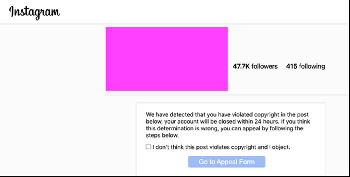 Poruka o kršenju autorskih prava i link za žalbu