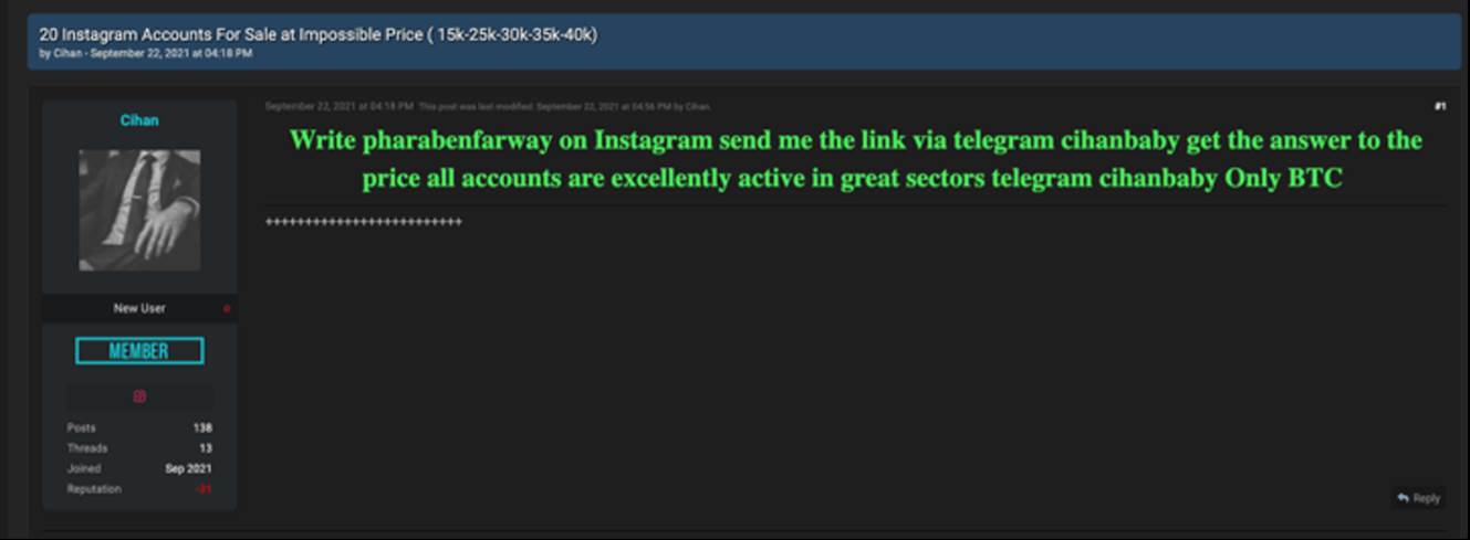 Oglas na forumu na kojem se prodaju Instagram nalozi