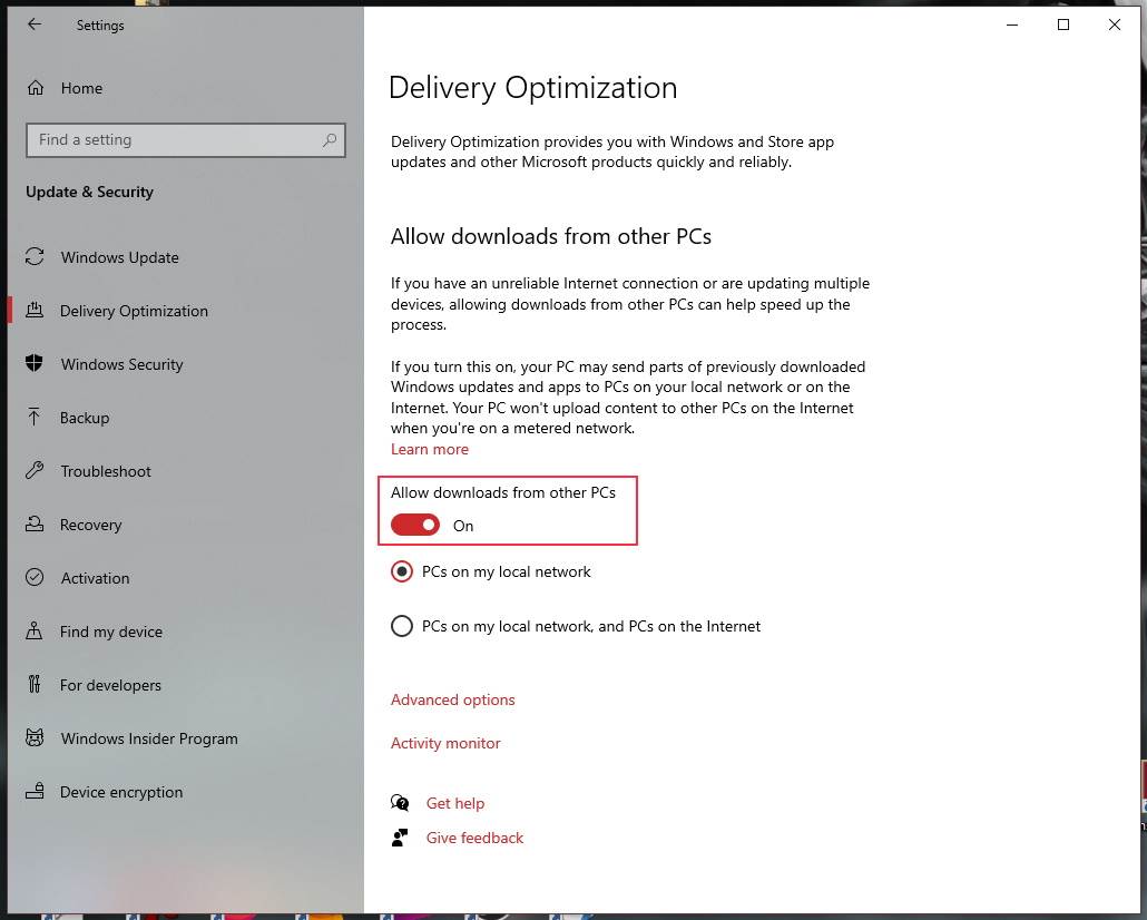 Allow downloads from other PCs opcija