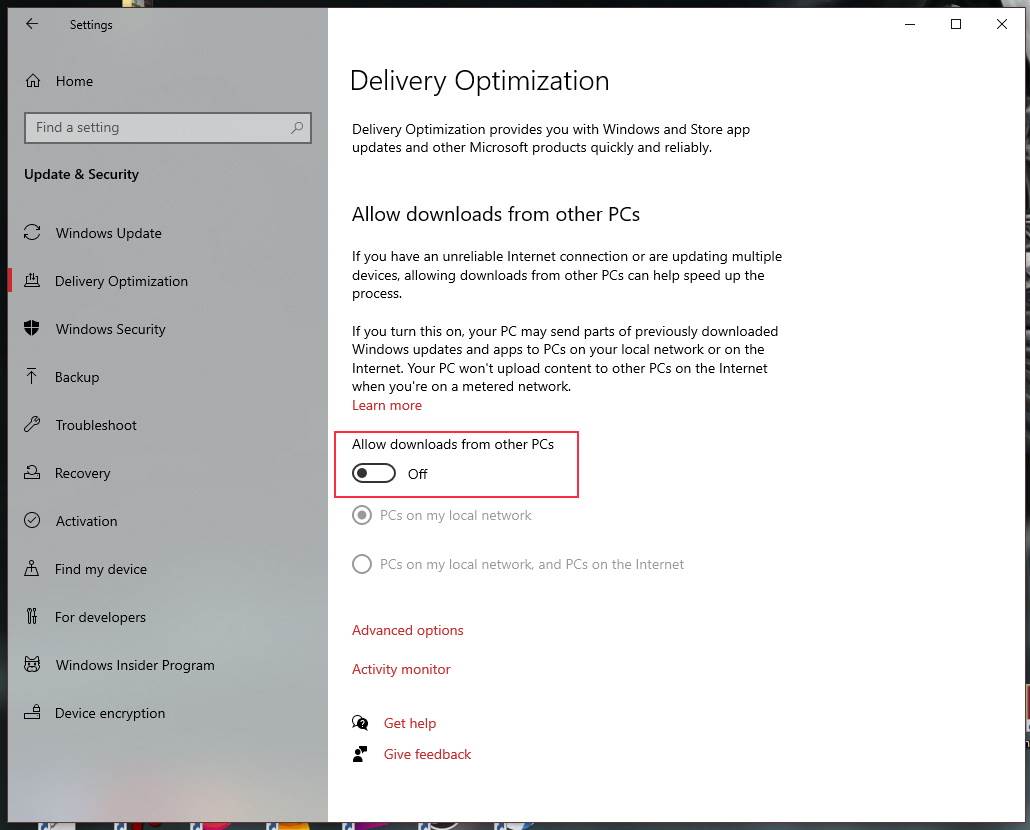 Isključena Allow downloads from other PCs opcija