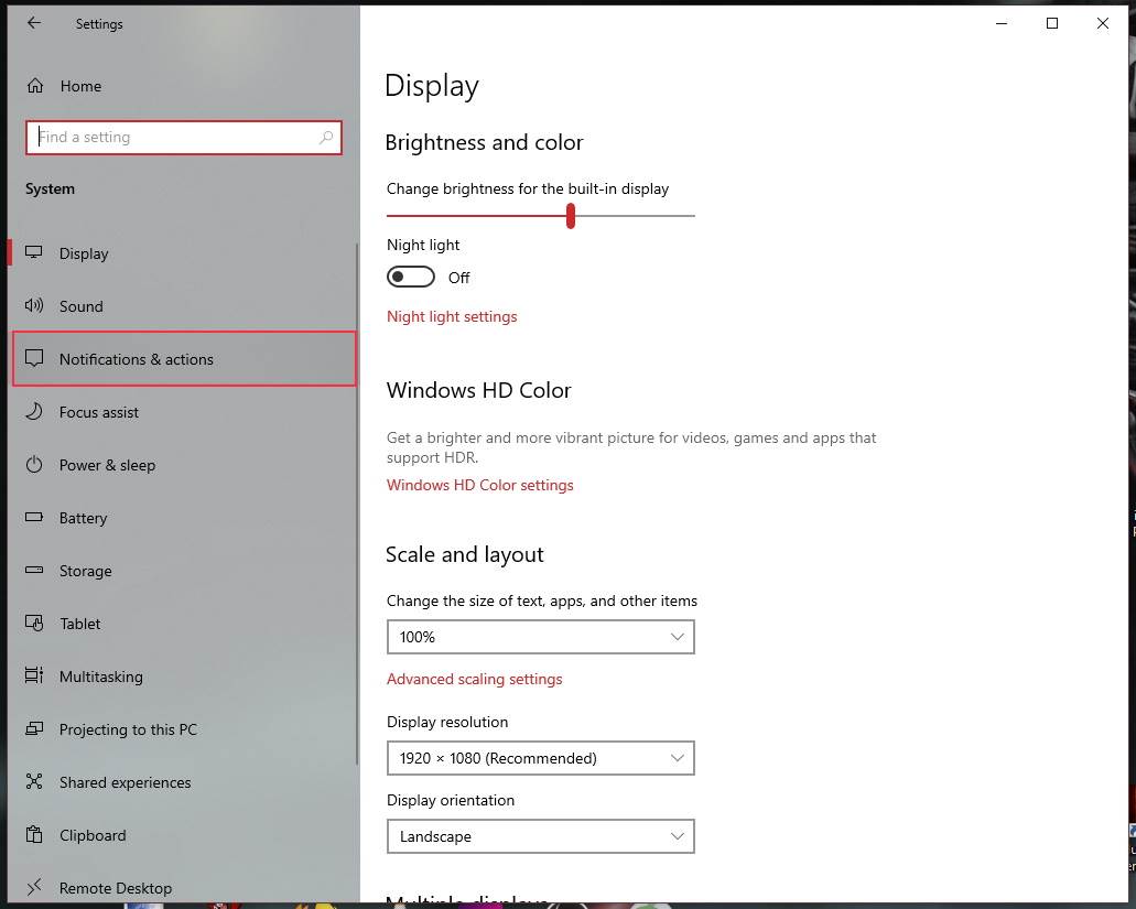 Notifications & actions meni u sistemskim podešavanjima