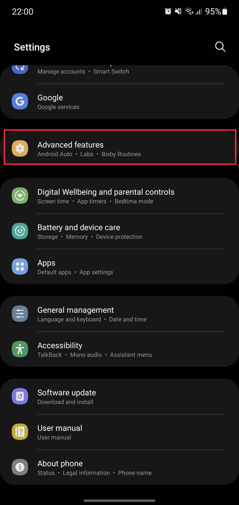 Opcija Advanced Features u podešavanjima telefona