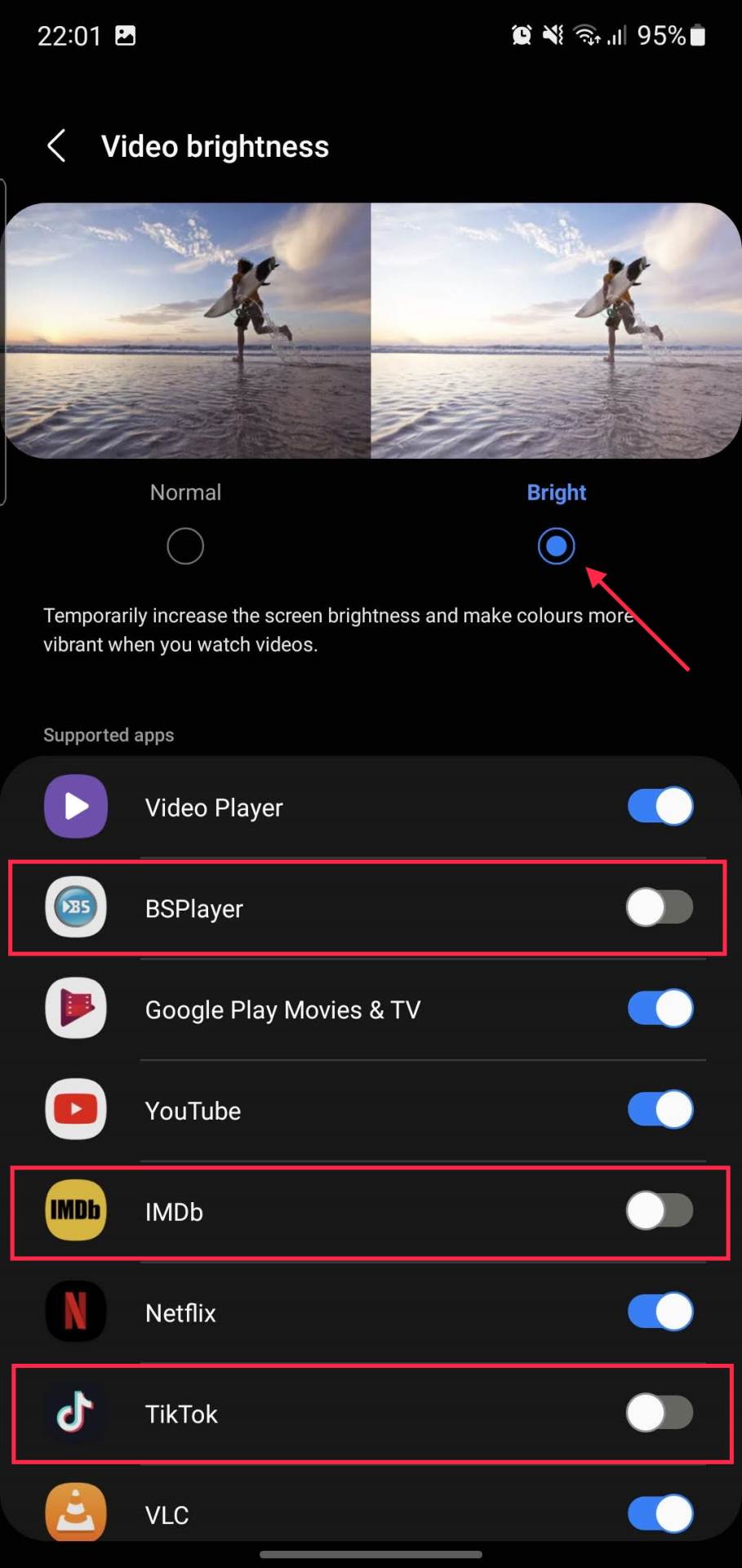 Bright opcija u Video Brightness izlistava sve aplikacije u kojima se može podesiti