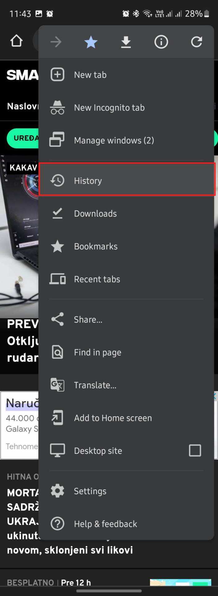 Istorija pregledanja podataka u meniju Chrome browsera