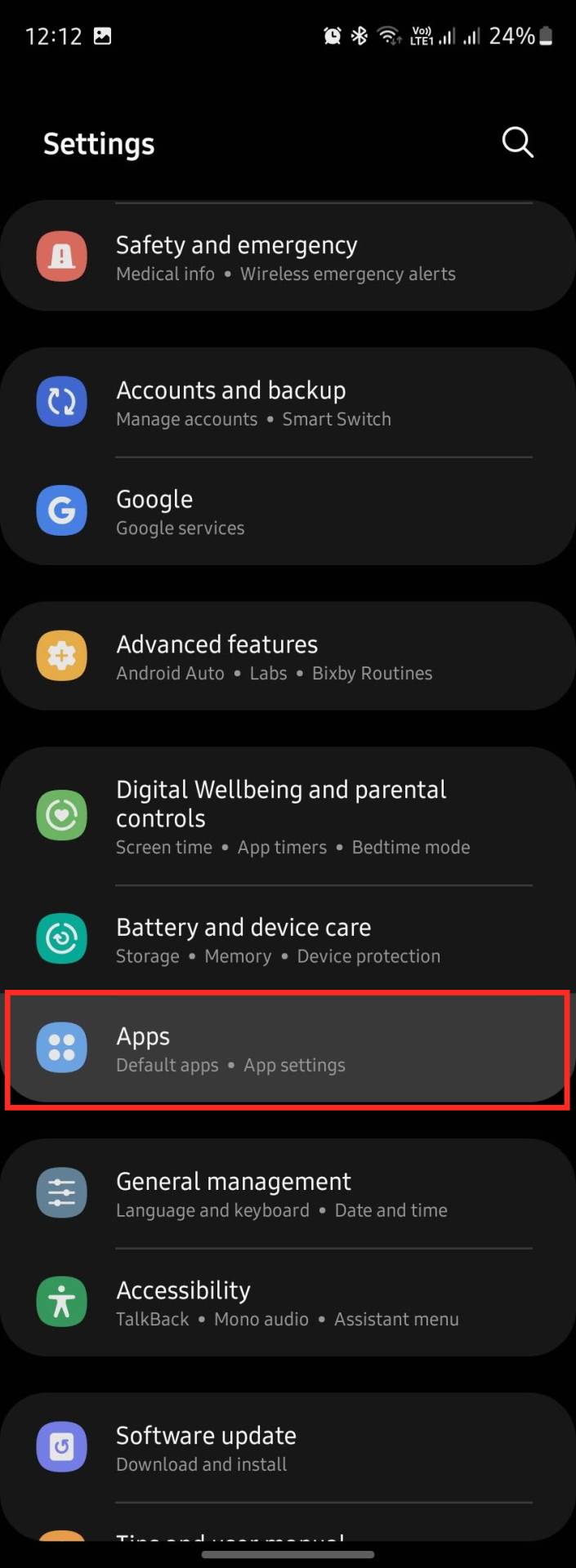 Apps meni u podešavanjima telefona