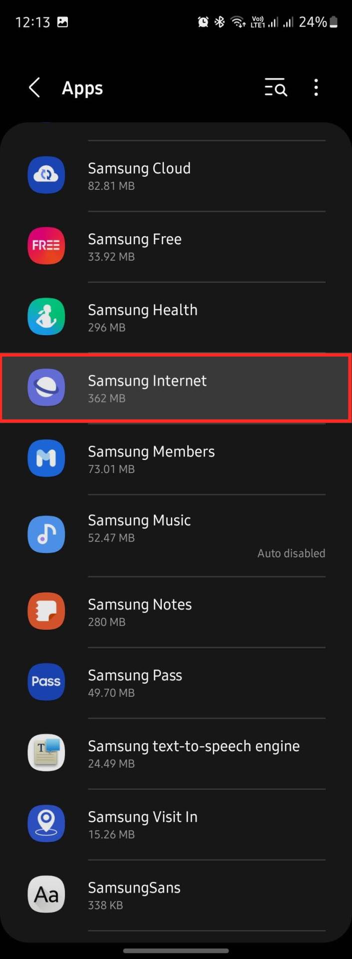 Samsung Internet u listi aplikacija