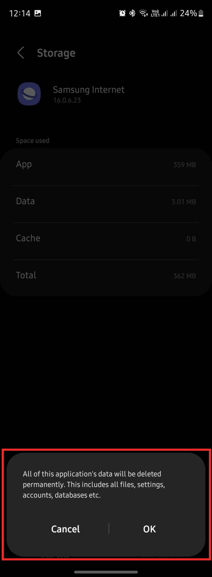 Upozorenje o brisanju podataka aplikacije, zajedno sa fajlovima, podešavanjima, nalozima i bazama podataka.