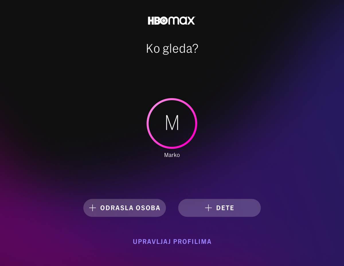 HBO Max aplikacija odabir profila