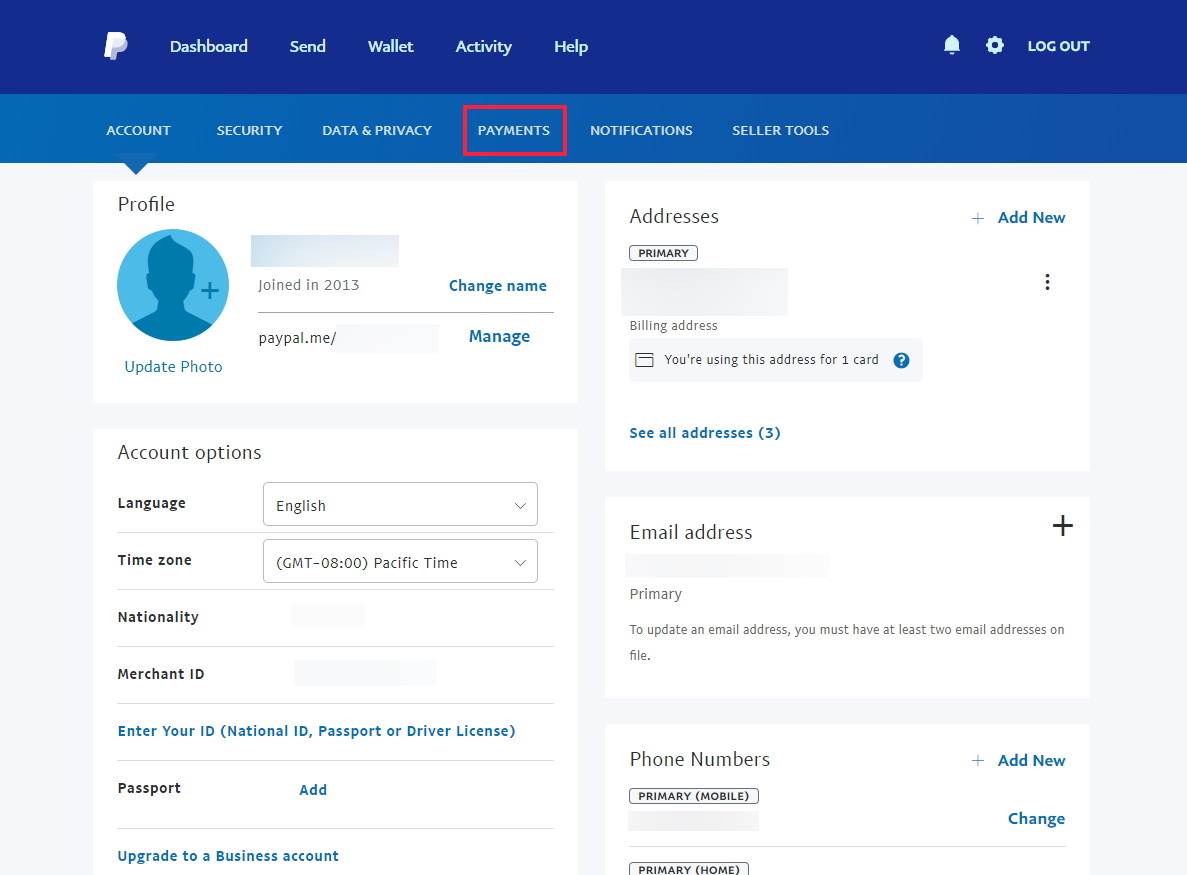Opcije podešavanja naloga na PayPal sajtu