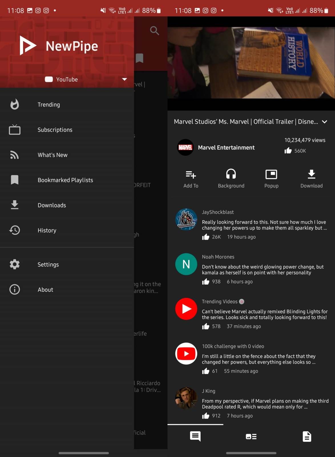 NewPipe meni, opcije i komentari