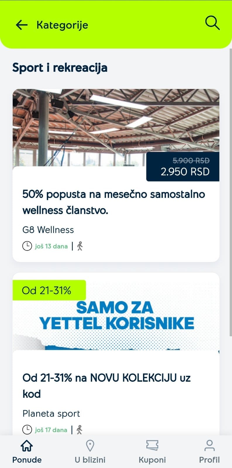 Yettel aplikacija popusti sport