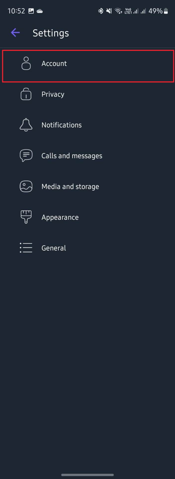 Odaberite opciju nalog u podešavanjima