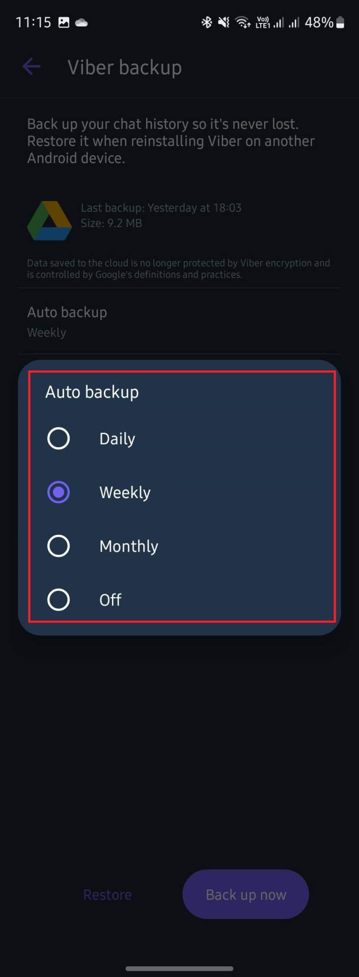 Opcije za period na koji će se vršiti automatski bekap