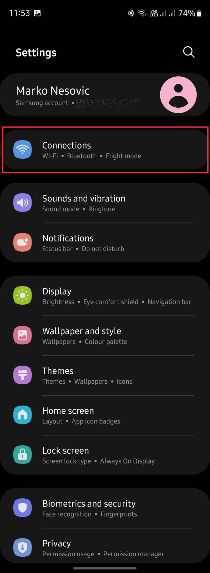 Opcija Connections u podešavanjima