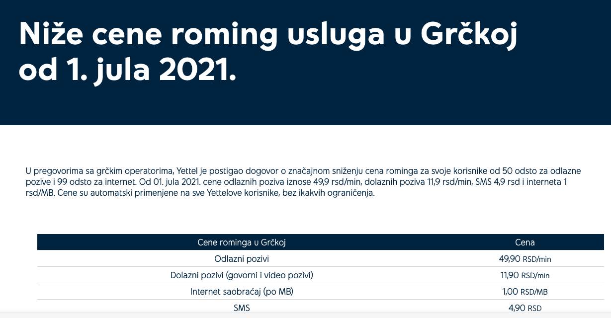 Grčka roming koliko košta kod mts, Yettel, A1 operatora