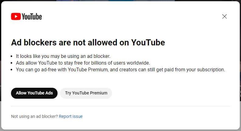 YouTube poruka o zabrani blokiranja reklama