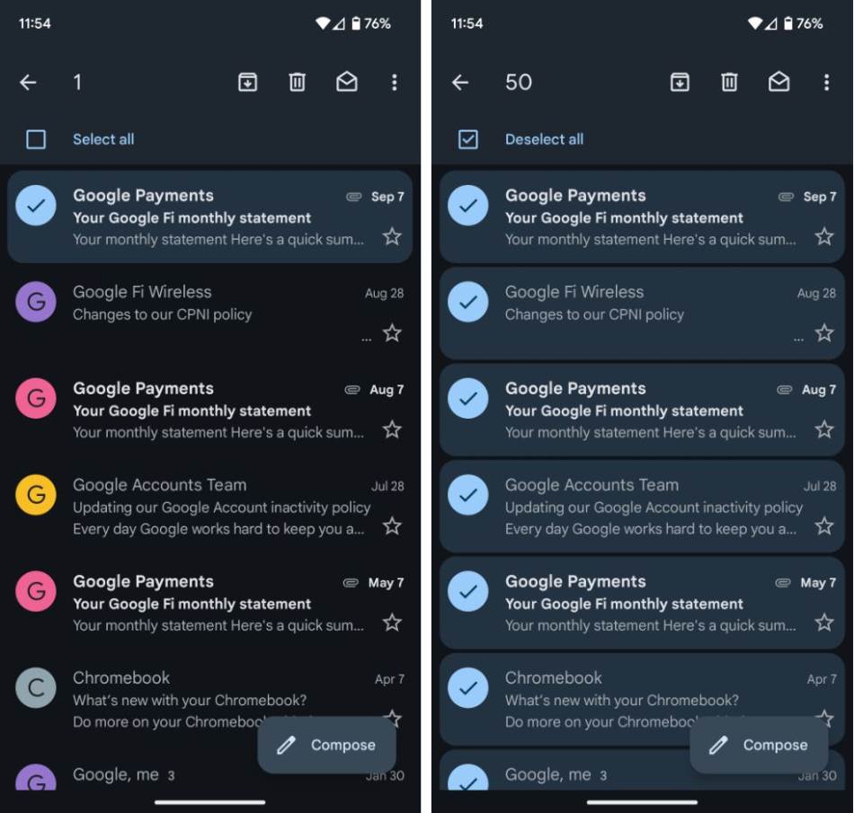 Gmail aplikacija, select all opcija