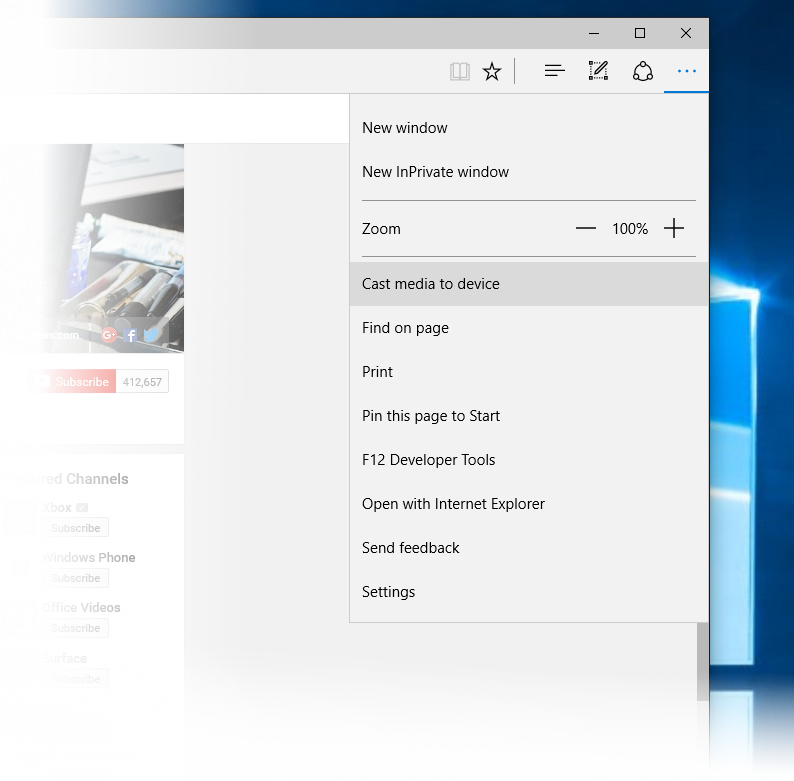 Microsoft Edge Cast media to device opcija