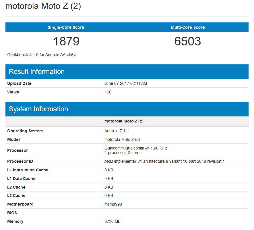 Motorola Moto Z2 GeekBench Benchmarks