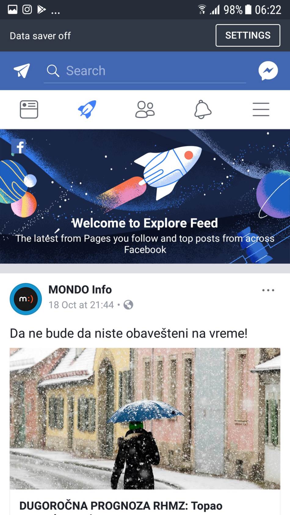 Facebook Explore Feed rešenje