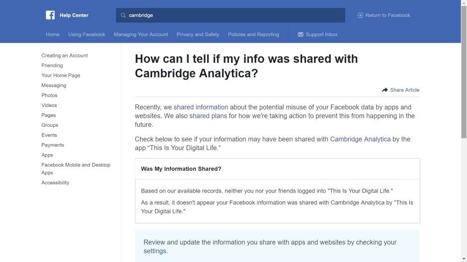 Facebook Cambridge Analytica nalog provera, Da li mi je nalog zloupotrebljen kako proveriti