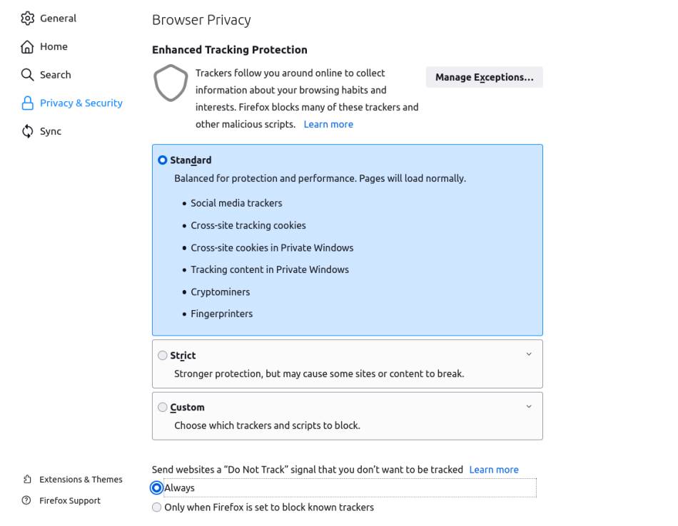 mozilla firefox podešavanja privcy and security trackers