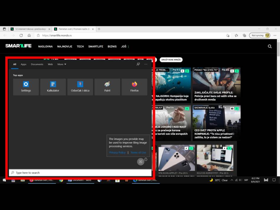 Windows + S prečica na tastaturi Windows Search prozor