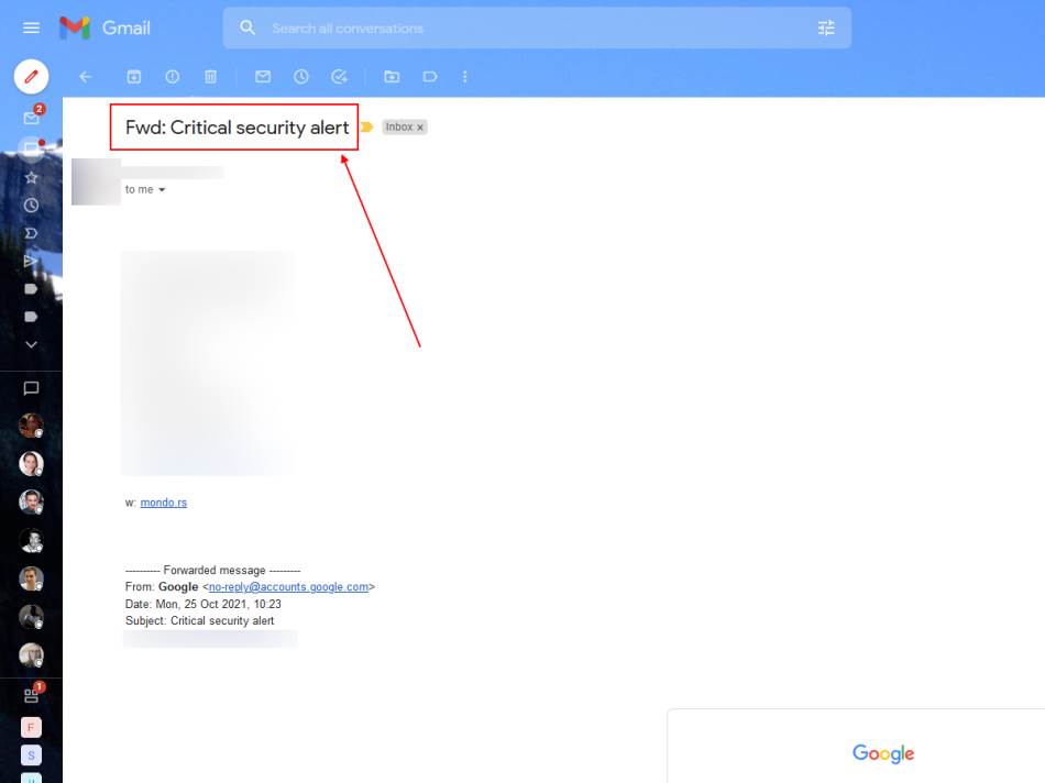 Google Mail Critical Security Alert kako izgleda 2