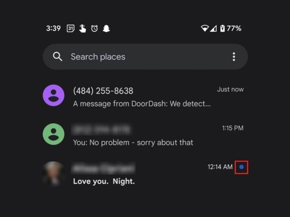 Android Messages plave tačkice poruke