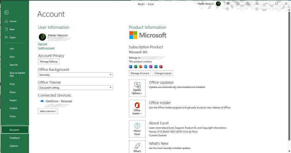 Excel podešavanje naloga i odabir teme