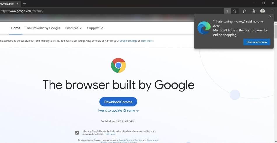 Poruka u Edge browseru da ne idete na Chrome