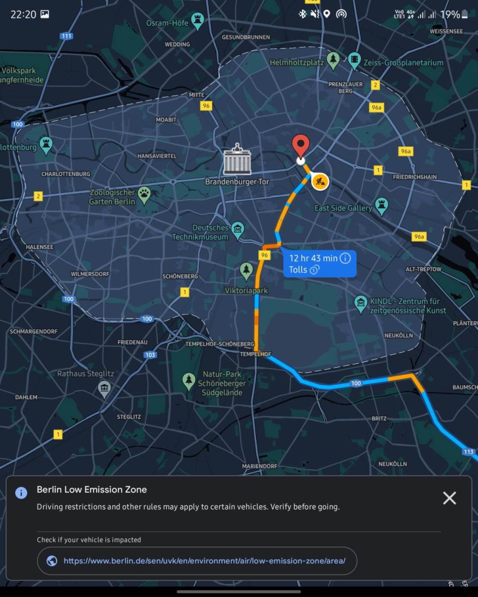 Dodatne informacije o ruti - zona niske emisije štenih gasova